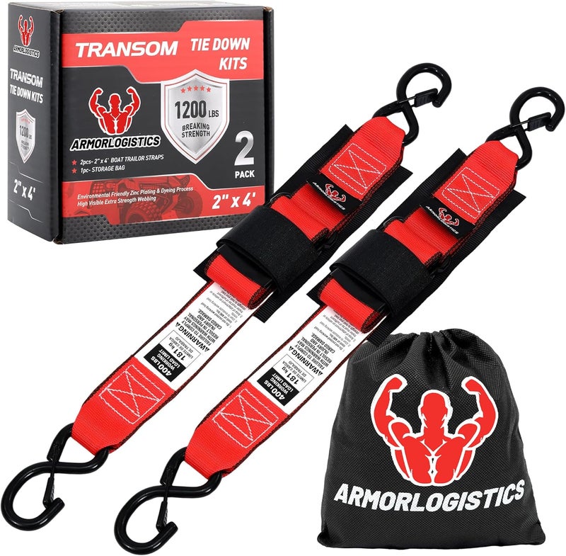 ARMORLOGISTICS Boat Tie Down Straps to Trailer, 2" x 48" Adjustable Boat Straps for Trailer, 2-Pack Boat Transom Strap for Boat, Jet Ski, 1,200 Lbs Break Strength, Red - Image 1